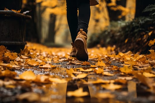 Walking Through Fallen Leaves on Path. Generative AI