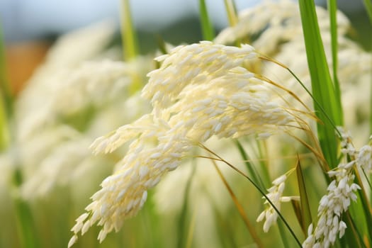 A close up of delicate rice flowers swaying. Generative AI