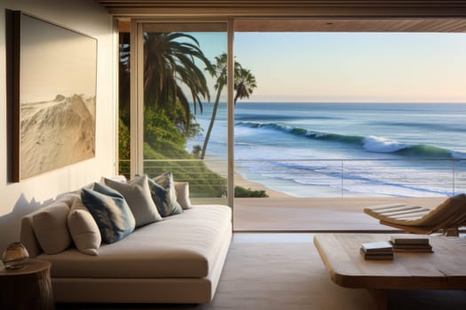 Modern living room with a breathtaking ocean view. Generative AI