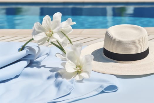Relaxing poolside mockup with a sunhat. Generative AI