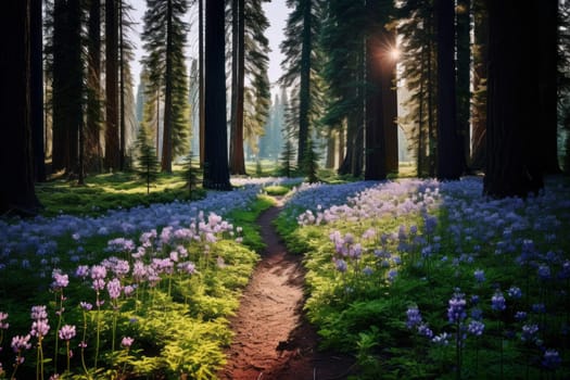 Wildflowers Beneath Towering Trees. Generative AI