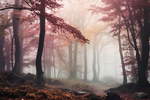 Fog Enveloped Tranquil Autumn Forest. Generative AI
