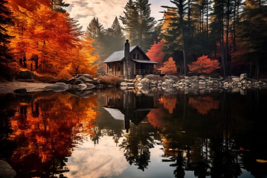 Solitary Cabin Amidst Fiery Autumn Colors. Generative AI