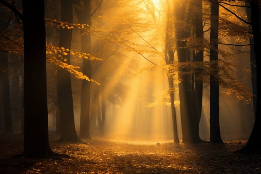 Foggy Morning: Golden Leaves in Enchanted Forest. Generative AI