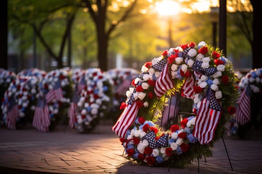 A Patriot Day memorial adorned with wreaths, ribbons. Generative AI