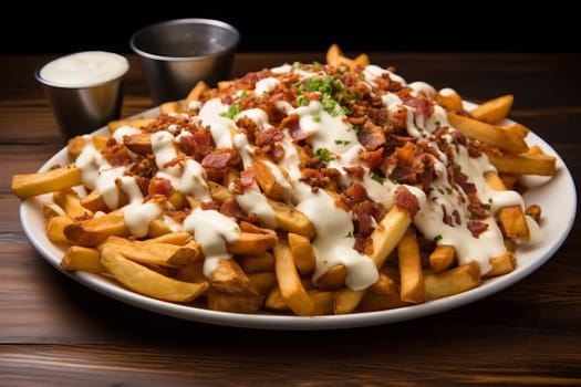 Cheese fries topped with bacon and sour cream. Generative AI