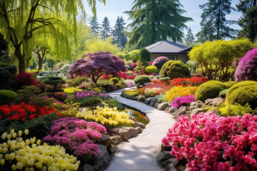 Blooming Springtime Garden Landscape. Generative AI
