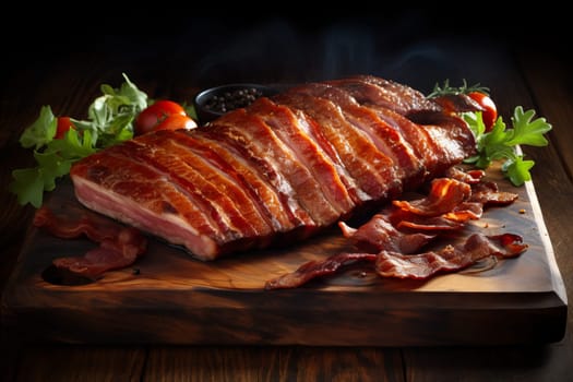 Wooden cutting board with freshly cooked bacon. Generative AI