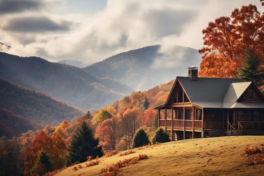 Cabin in Valley Amidst Fall Foliage. Generative AI
