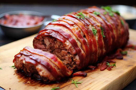 Bacon wrapped meatloaf, ready for slicing. Generative AI