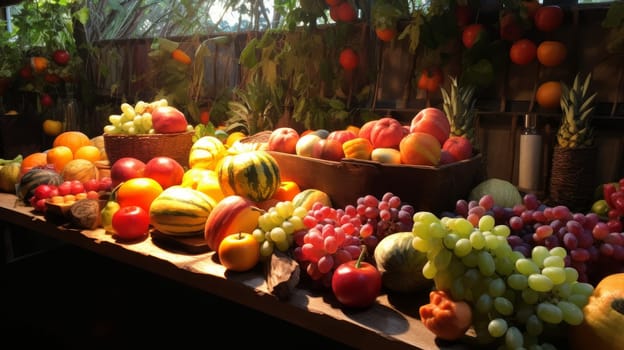 Fruits and vegetables displayed on a table inside a Sukkah. Generative AI