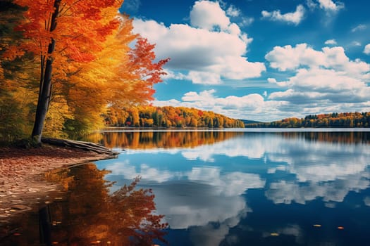 Calm Lake Mirroring Autumn Colors. Generative AI