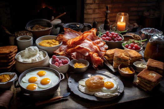 Brunch spread with bacon, eggs, and freshly baked pastries. Generative AI