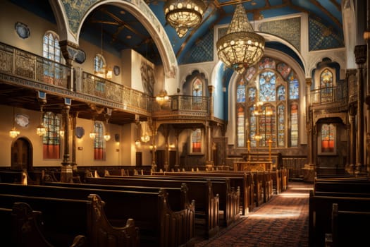 The interior of a church with stained glass windows. Generative AI