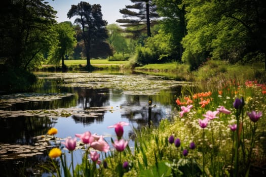 Serene Pond Amid Wildflowers. Generative AI