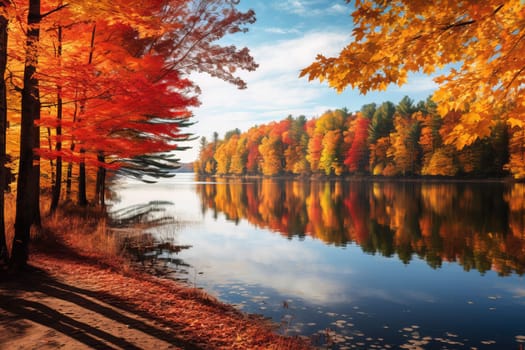 Peaceful Lake Amidst Colorful Trees. Generative AI