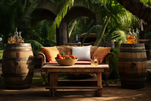 A rustic outdoor setting with a wooden barrel and glasses of rum punch. Generative AI