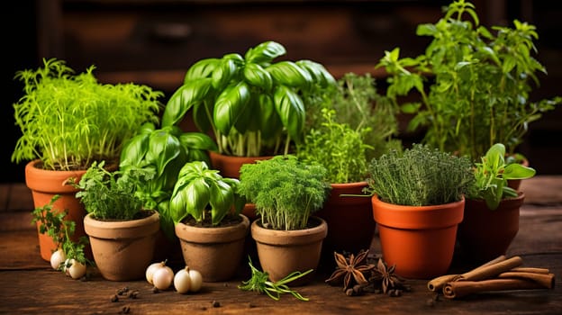 A vibrant array of fresh herbs and spices in small clay pots. Generative AI