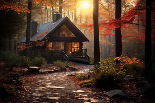 Secluded Cabin Amidst Autumn Colors. Generative AI