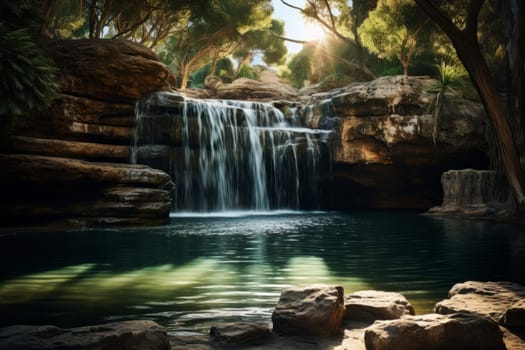 Waterfall into Crystalline Pool. Generative AI