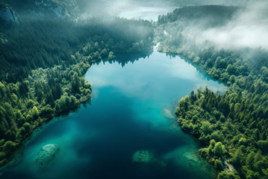 Aerial View of Serene Blue Lake in Dense Forests. Generative AI