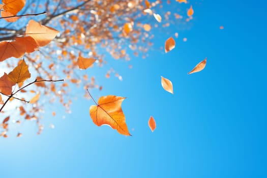 Falling Leaves Against Blue Sky. Generative AI