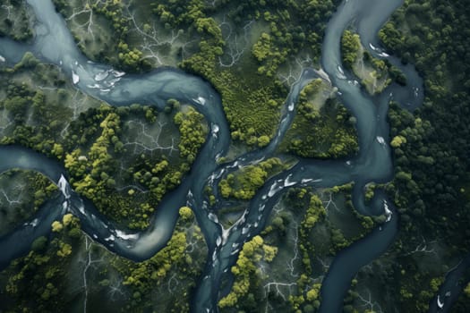 Aerial view of a winding forest river. Generative AI