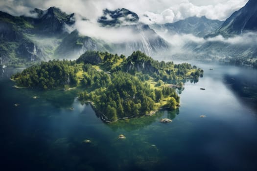 Aerial View of Serene Lake Reflecting Mountains. Generative AI