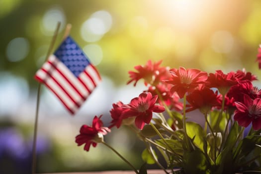 An American flag displayed next to a row of patriotic flowers. Generative AI