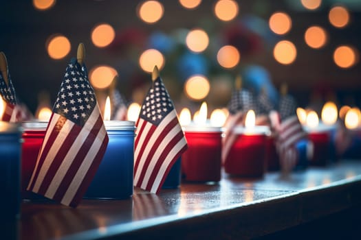 An American flag gently draped over a row of memorial candles. Generative AI