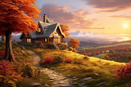Cottage in Rolling Hills: Autumn's Charm. Generative AI