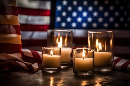 Flag Over Memorial Candles with Reflection. Generative AI
