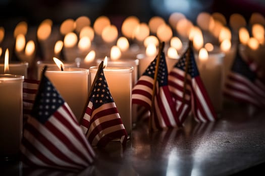 An American flag gently draped over a row of memorial candles. Generative AI