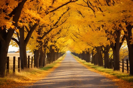Charming country road lined with trees adorned in their autumn. Generative AI