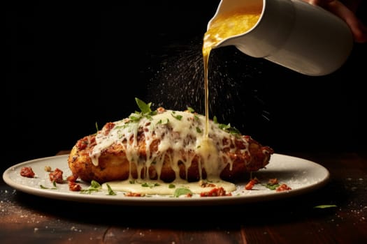 Cook drizzling olive oil over chicken. Generative AI