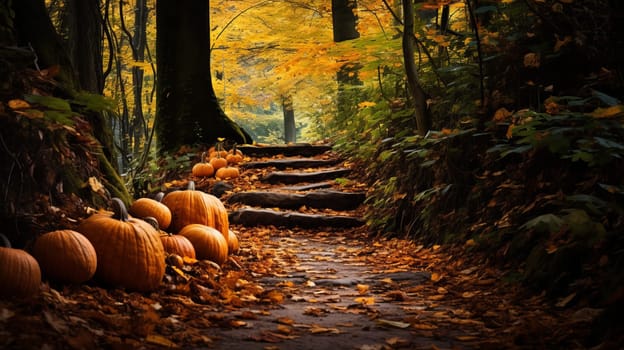 Autumnal hiking trail with pumpkins peeking out from under fallen leaves. Generative AI