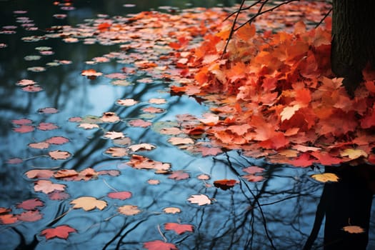 Autumn leaves and a calm pond. Generative AI