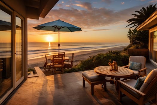 Beach house tranquility with a private deck. Generative AI