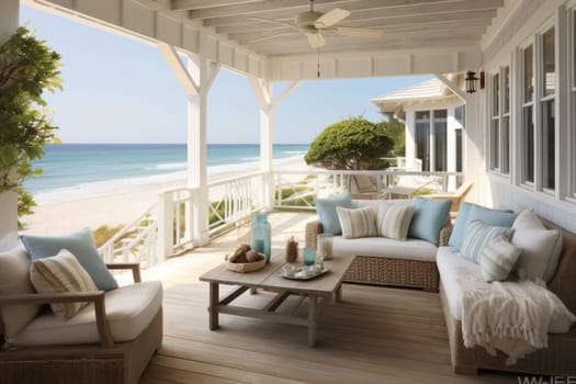 Beach house tranquility with inviting seating. Generative AI