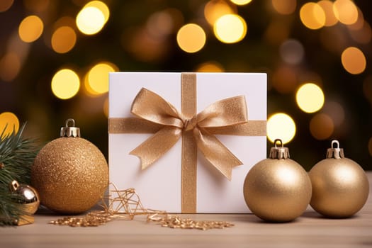 White box with a gold bow and three ornaments. Generative AI