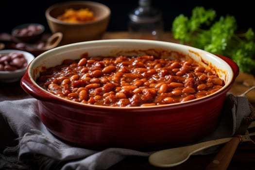 Baked beans with chunks of smoky bacon. Generative AI