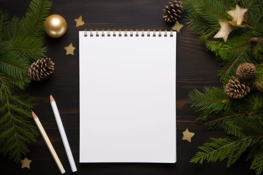 Notepad, pencil and christmas decorations on a table. Generative AI