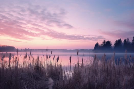 Body of water surrounded by tall grass. Generative AI