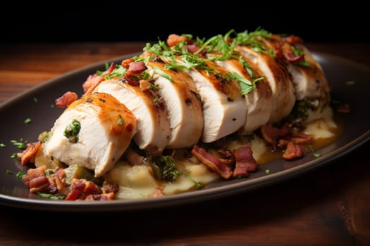 Bacon and mushroom stuffed chicken breast. Generative AI