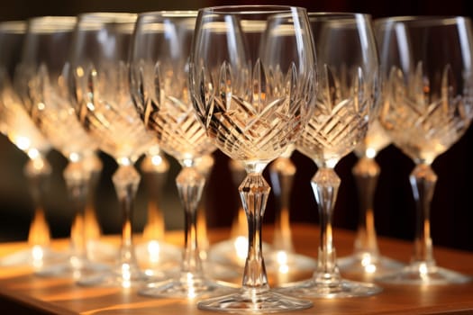 Table set with a row of elegant wine glasses. Generative AI