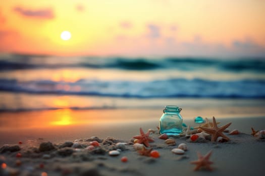 Glass jar sitting on a sandy beach. Generative AI