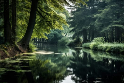 Tranquil Pond with Mirroring Trees. Generative AI