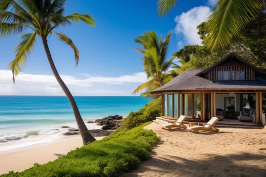 Beach with palm trees and a hut on the beach. Generative AI