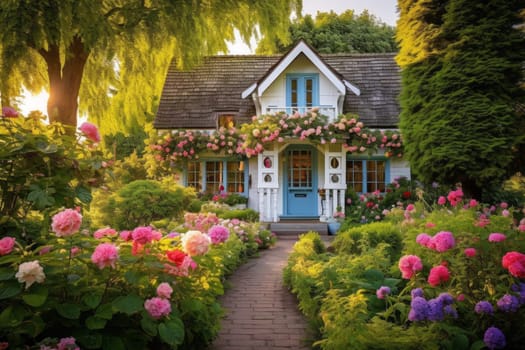 Charming Cottage Amid Colorful Garden. Generative AI