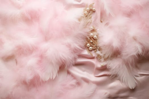 Chic pink and gold Christmas flatlay with sequins. Generative AI